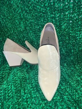 Naked Feet Cream Patent Leather Pointed Block Heel Loafer